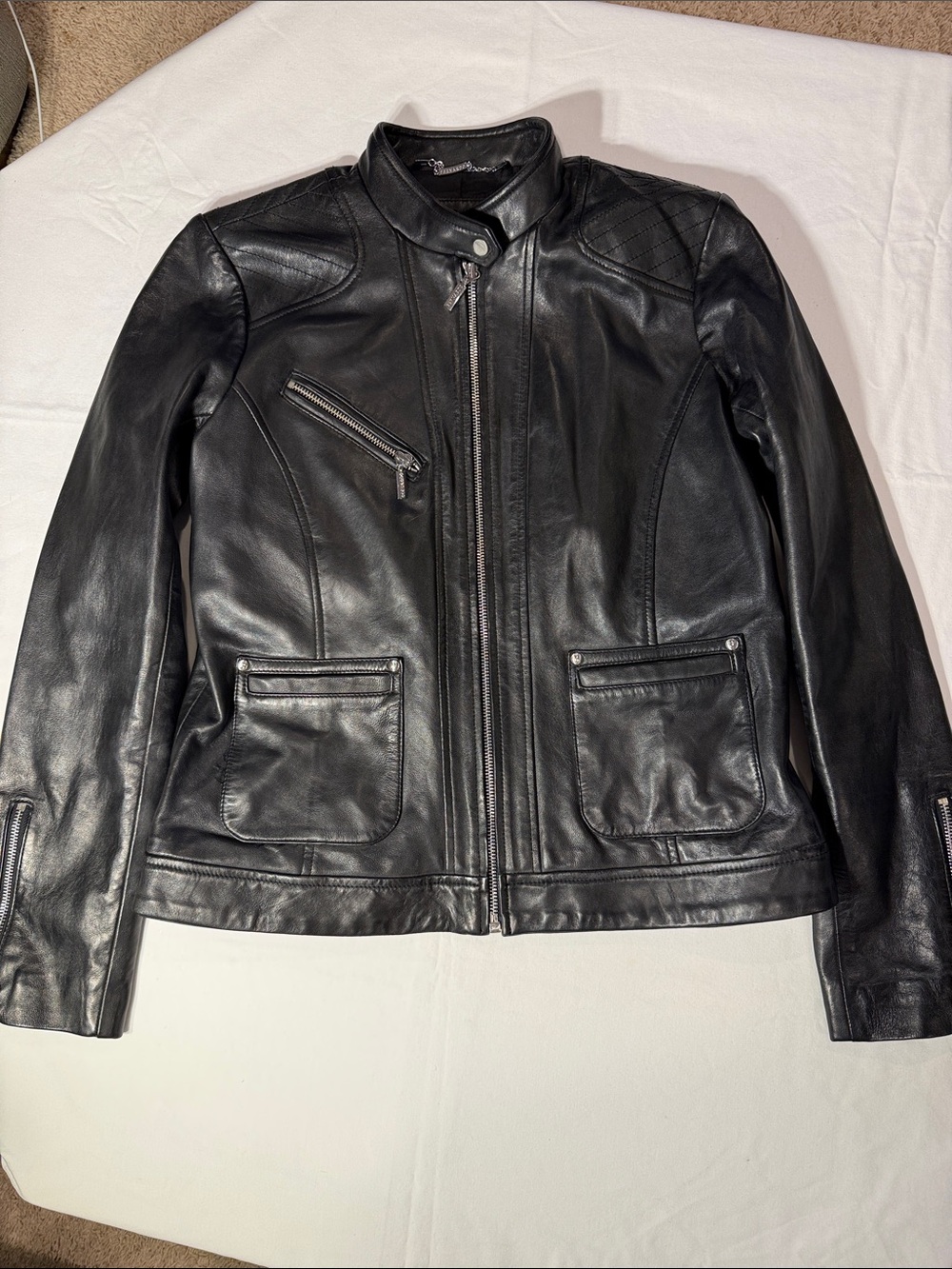 Bernardo Black Leather Moto Jacket with Snap Collar